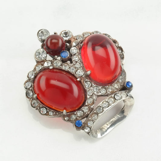 Vintage Crown Brooch Colored Glass, Missing one stone, Jelly Belly, Sterling Silver