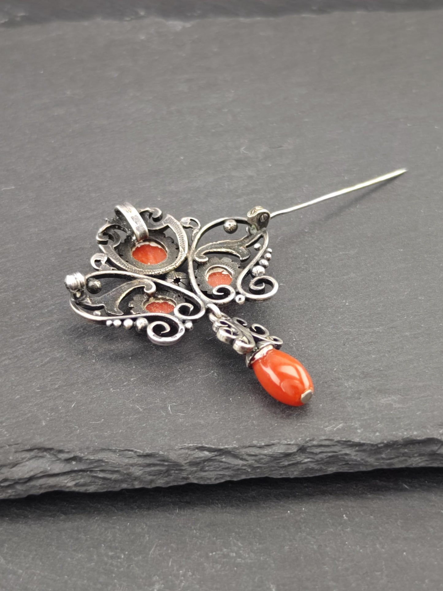 Late Victorian Red Coral Sterling Silver Brooch