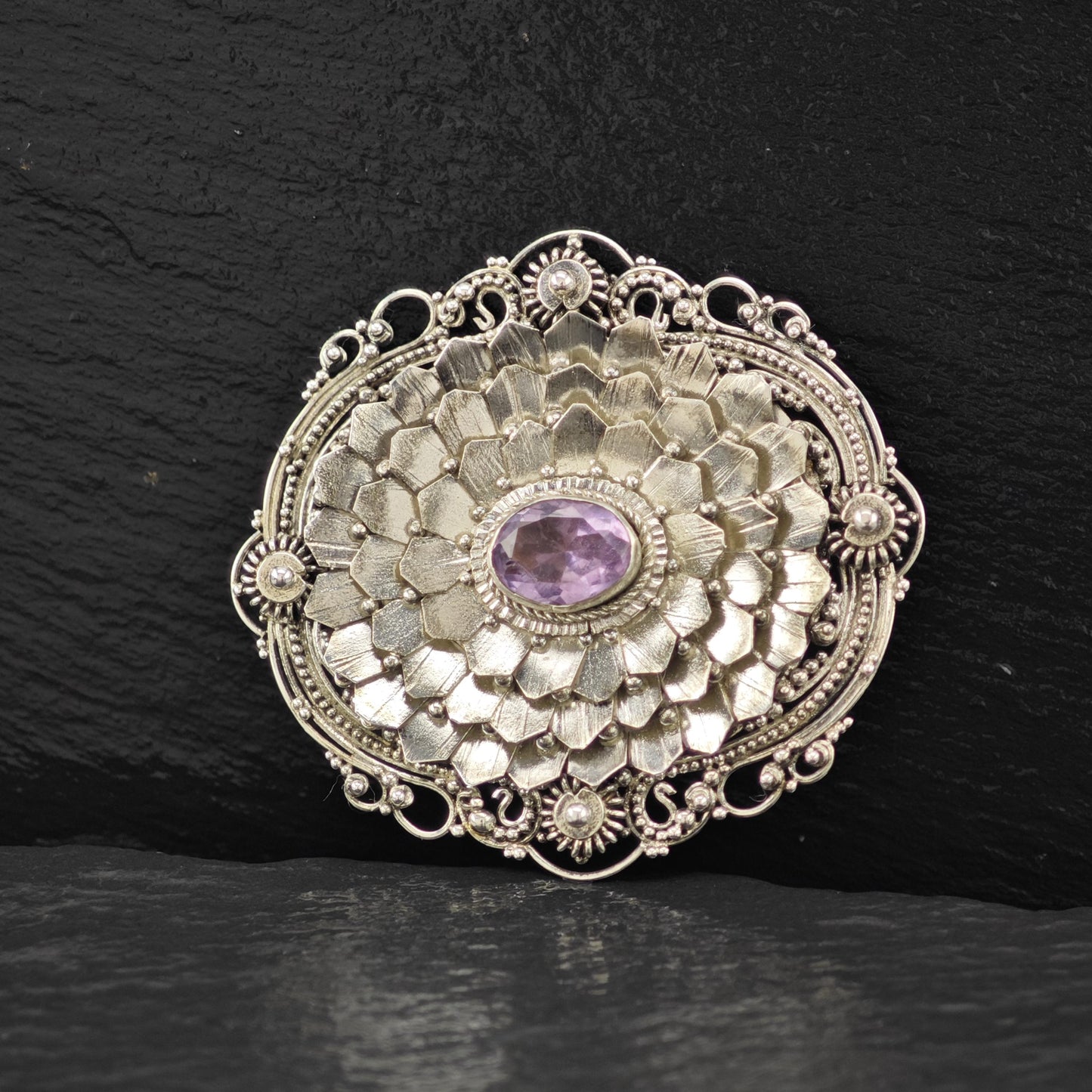 Purple Amethyst Brooch Floral Sterling Silver