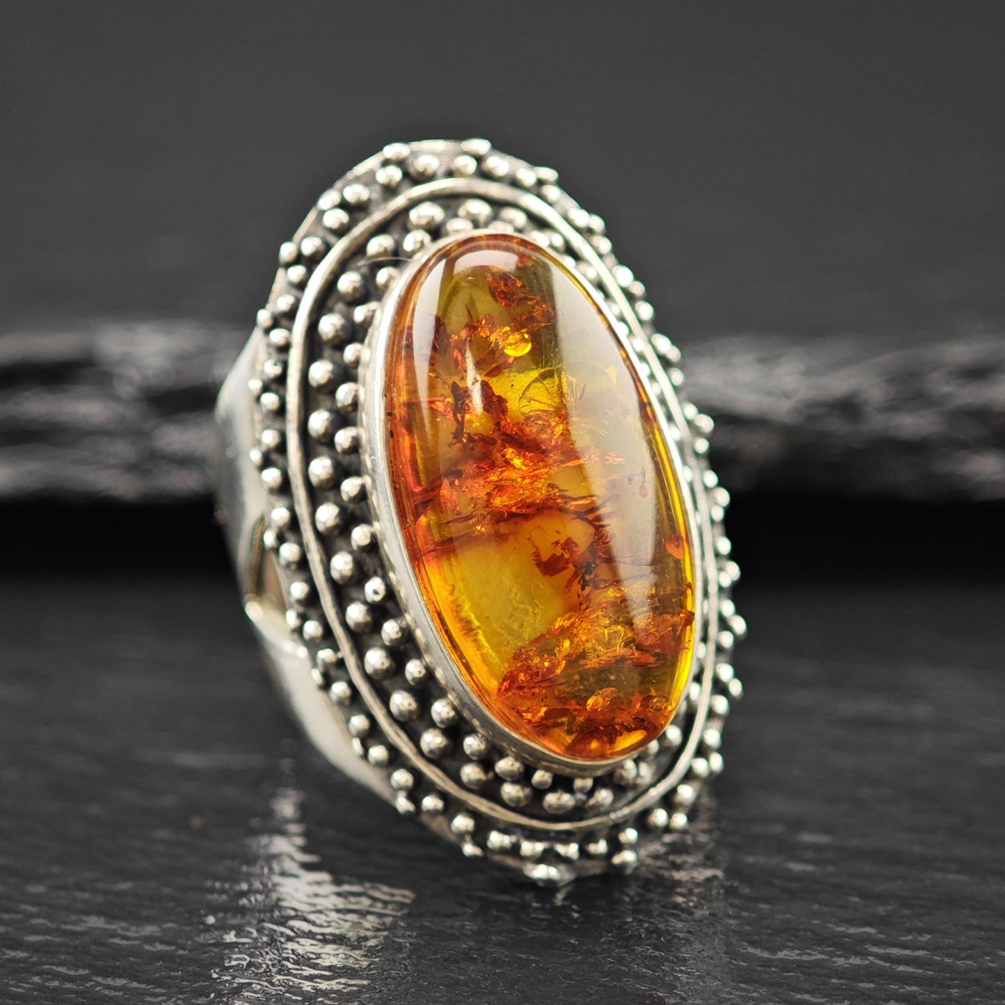 Oval Amber Ring Sterling Silver Statement Jewelry Size 6 R6091