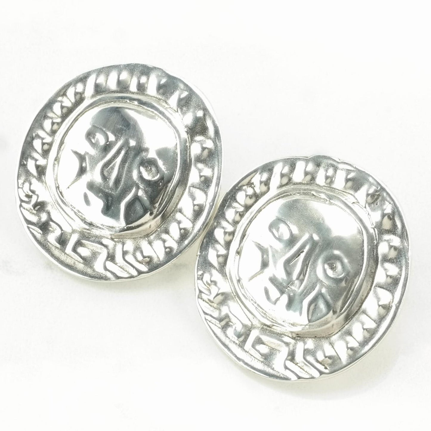 Studio Style Sterling Silver Stamped Face Earrings Stud