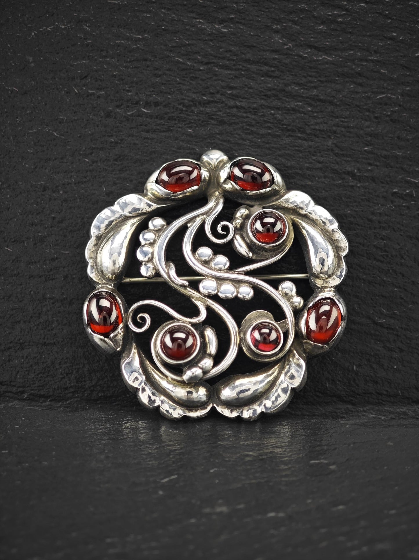 Georg Jensen 159, Garnet Moonlight Blossoms Brooch Sterling Silver