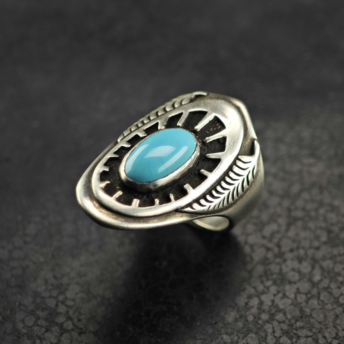 Vintage Ben Nighthorse Turquoise Feather Detail Sterling Silver Ring Sz 8 R6882