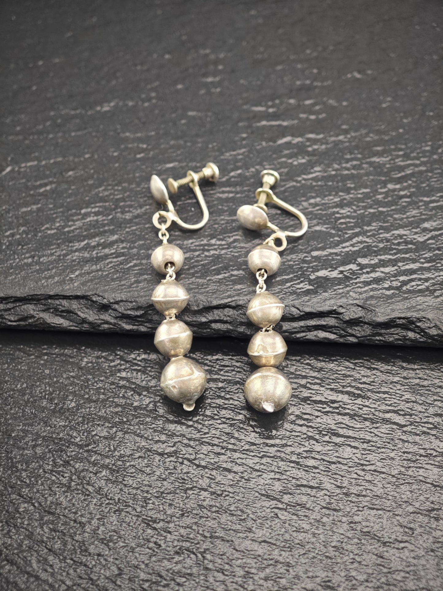 Vintage Sterling Silver Screw Back Earrings Native American Beaded Navajo Pearls