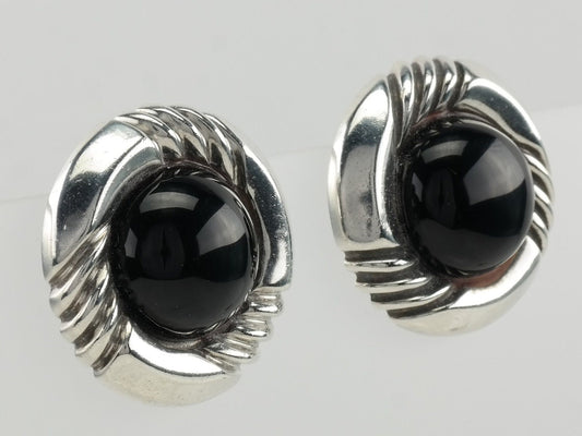 Modernist Sterling Silver Black Onyx Earrings Clip On