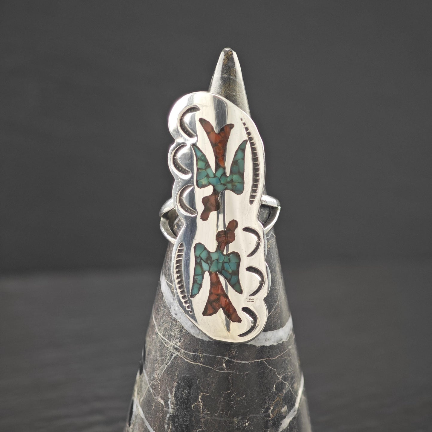 Native American Turquoise Coral Inlay Ring Sterling Silver