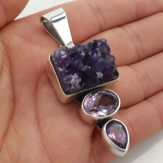 Vintage Amethyst Druzy Pendant Sterling Silver