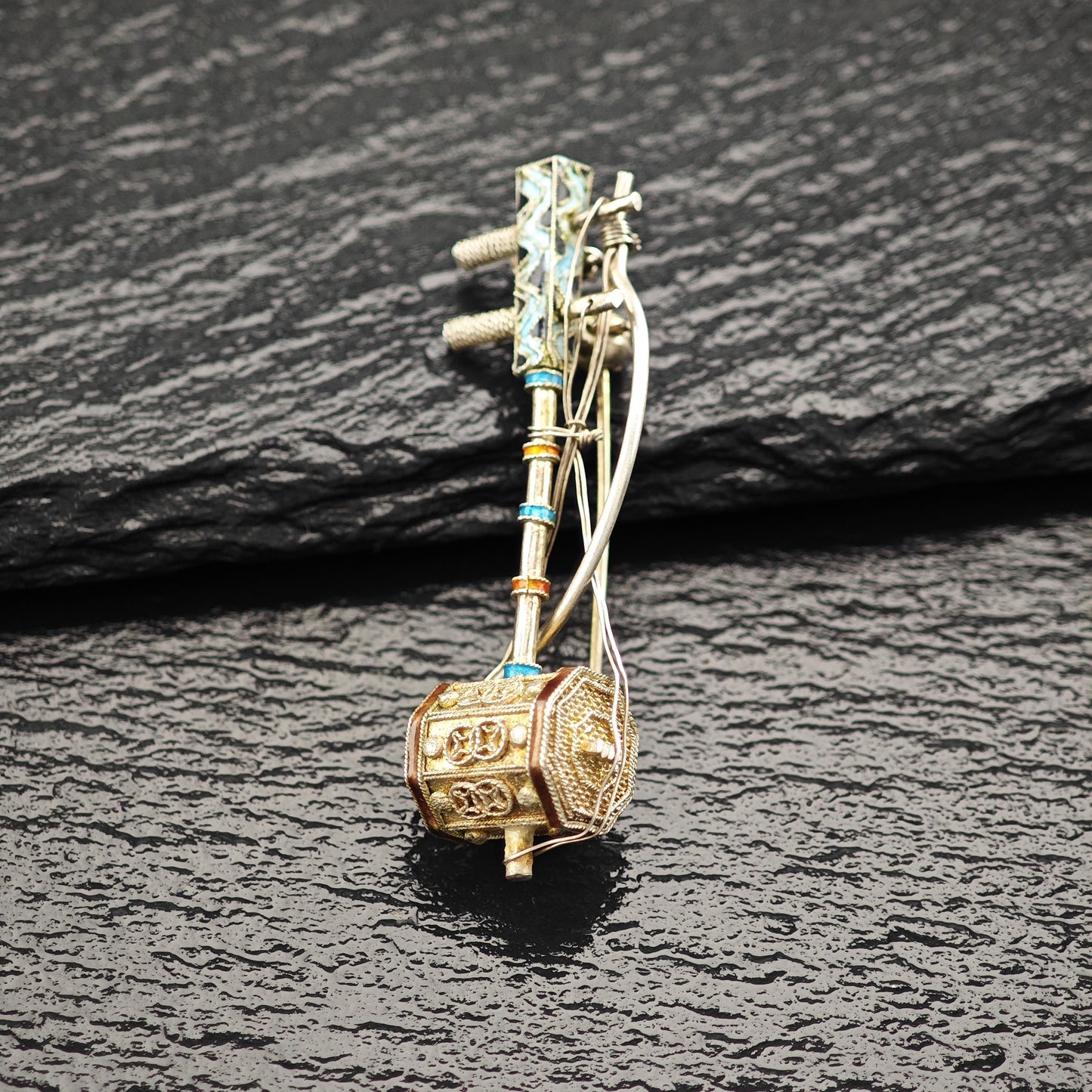 Chinese Export Erhu, Musical Instrument Enamel Brooch/Pendant Sterling Silver