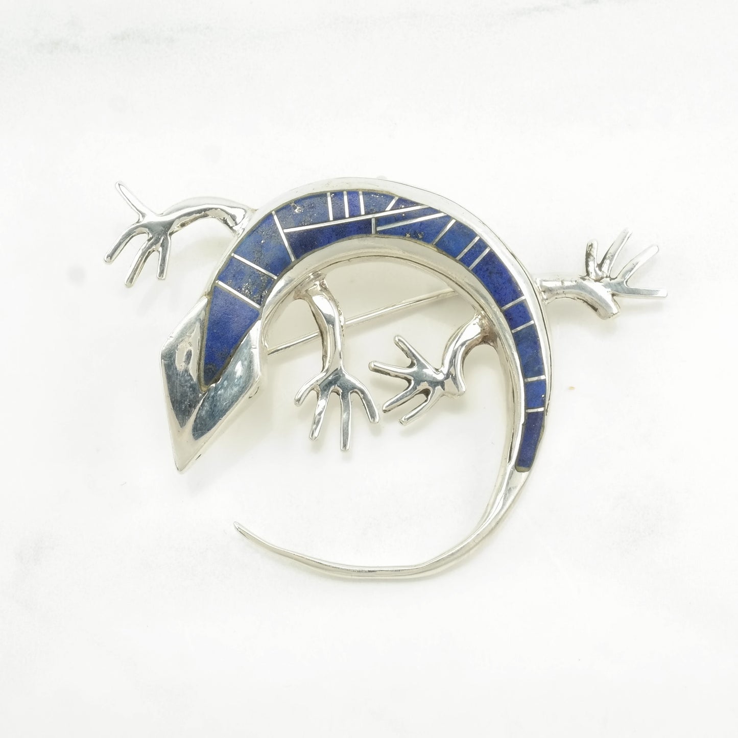 Vintage Blue Silver Brooch Pendant Lizard, Inlay Lapis Lazuli Sterling