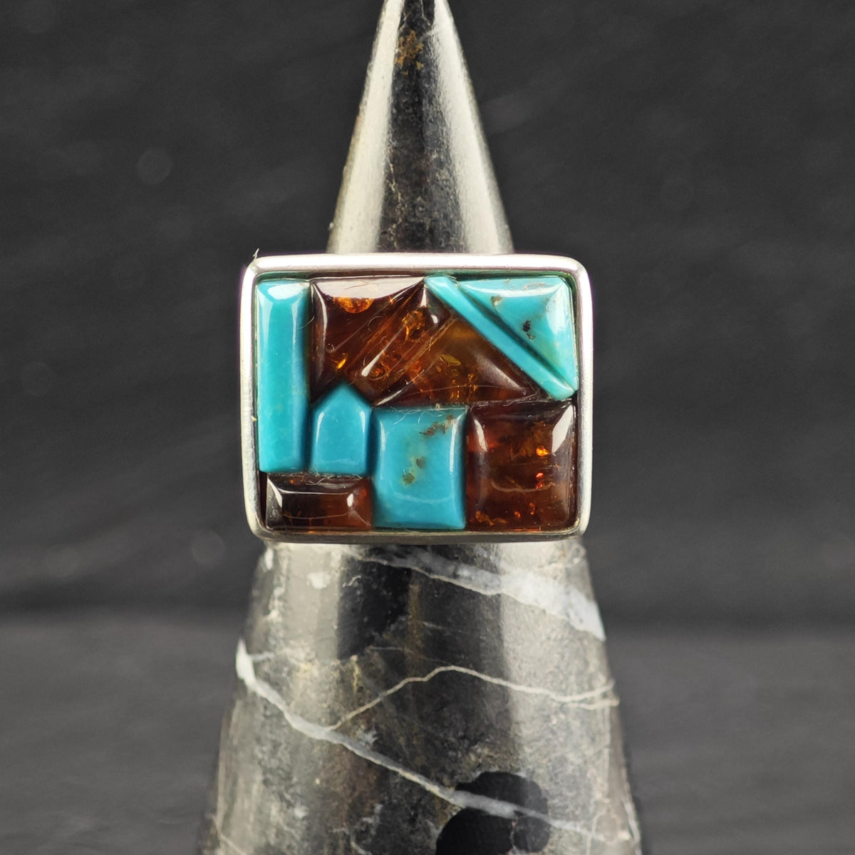 Turquoise Amber Inlay Rectangle Sterling Silver Ring Sz 7 R6865