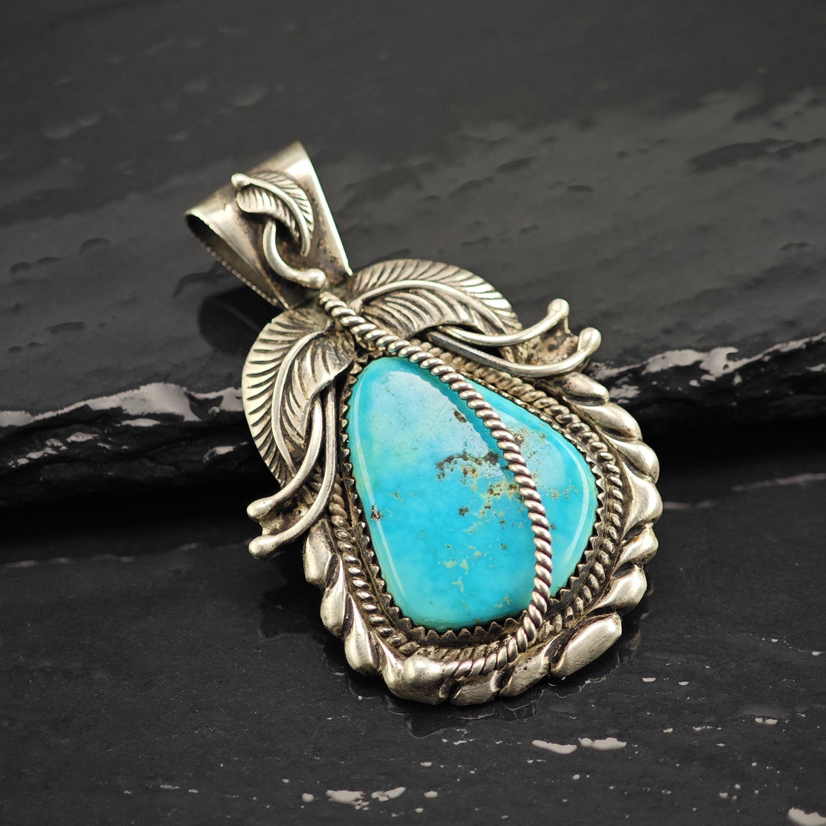 Kirk Turquoise Feather & Cord Detailing Sterling Silver Pendant P3147