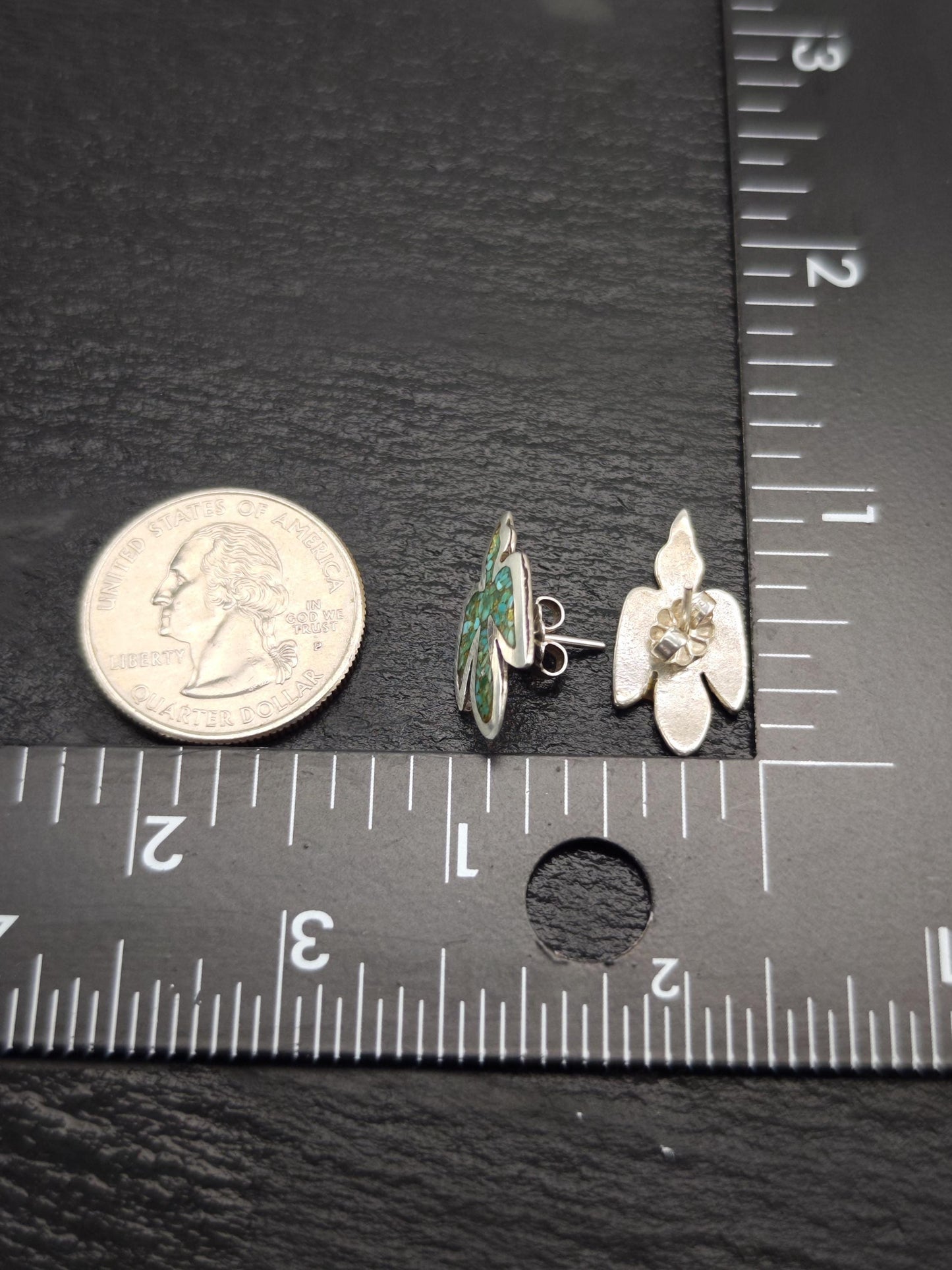 Native American Green Inlay, Turquoise Thunderbird Stud Earrings Sterling Silver