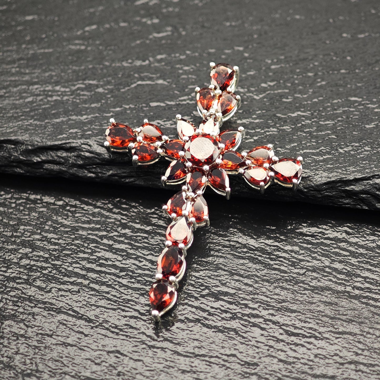 Vintage Garnet Cross Pendant Sterling Silver