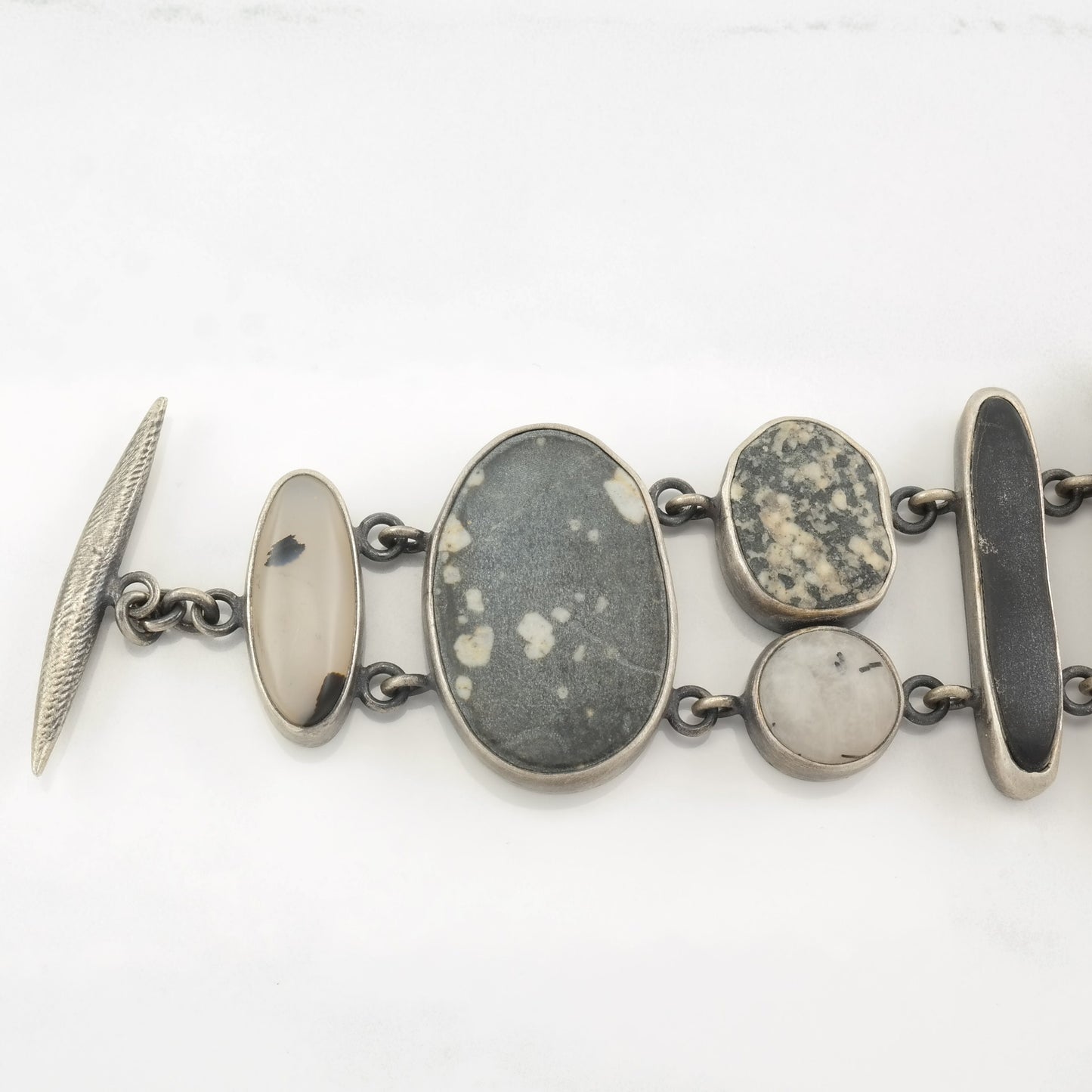 Sterling Silver Marble, Agate, Quartz Patina'd Link Bracelet