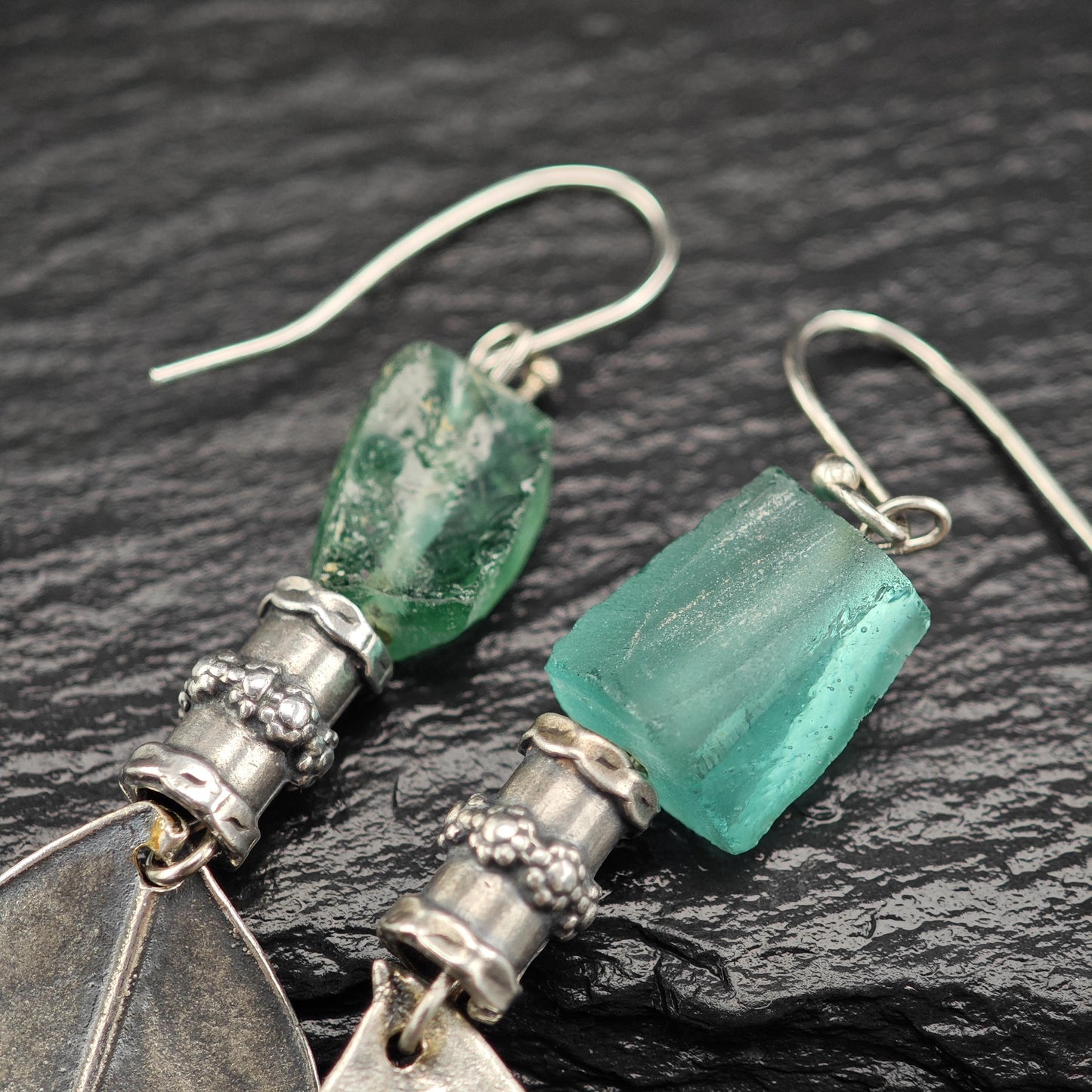 Vintage Green Sea Glass, Leaf Fish Hook Earrings Sterling Silver