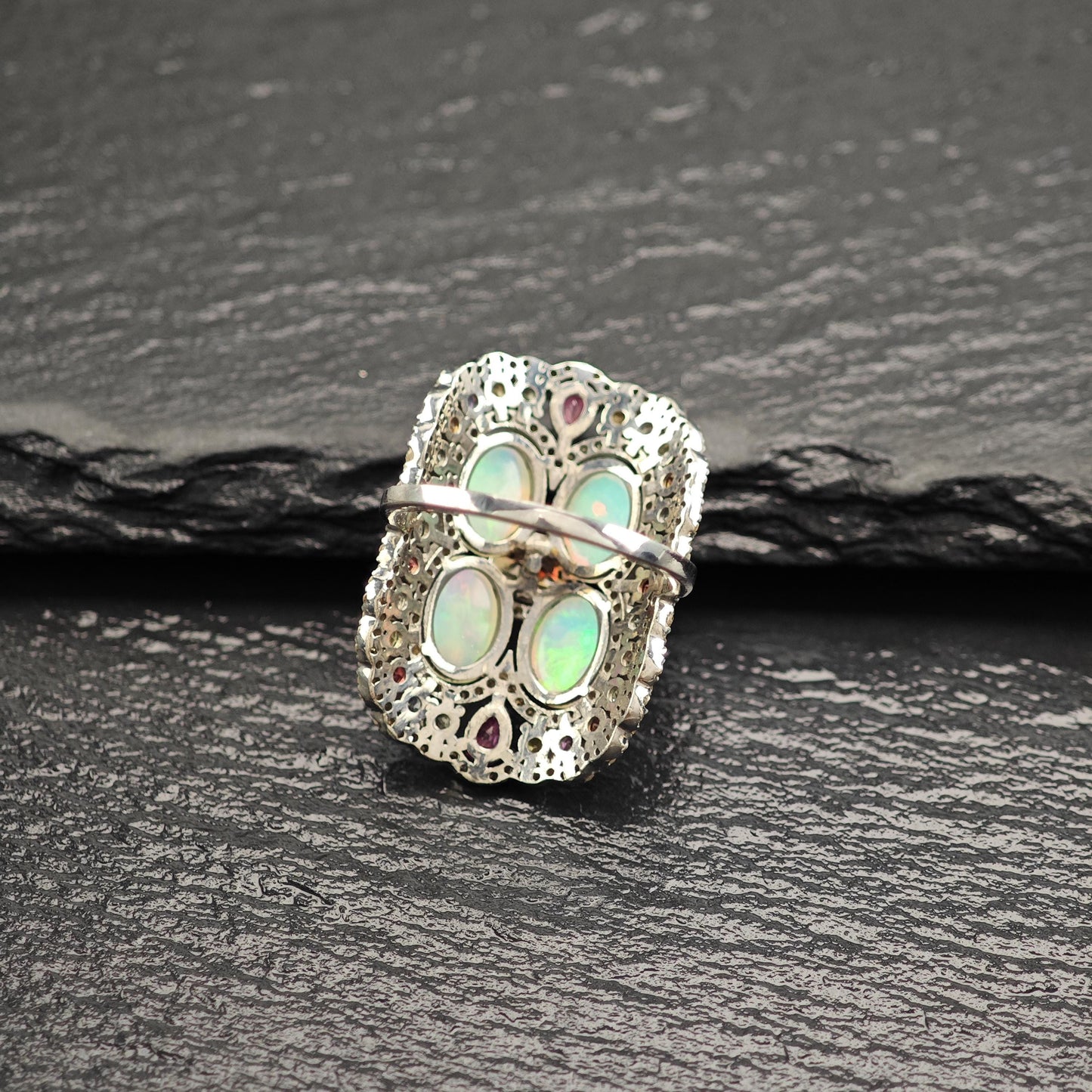 Oxidized Sterling Silver Ring with Ruby, Opal, Diamond, Sapphires