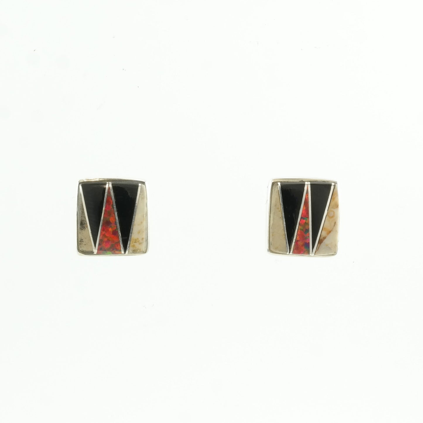 Sterling Silver Black Onyx, Lab Opal, Stone Inlay Earrings Stud