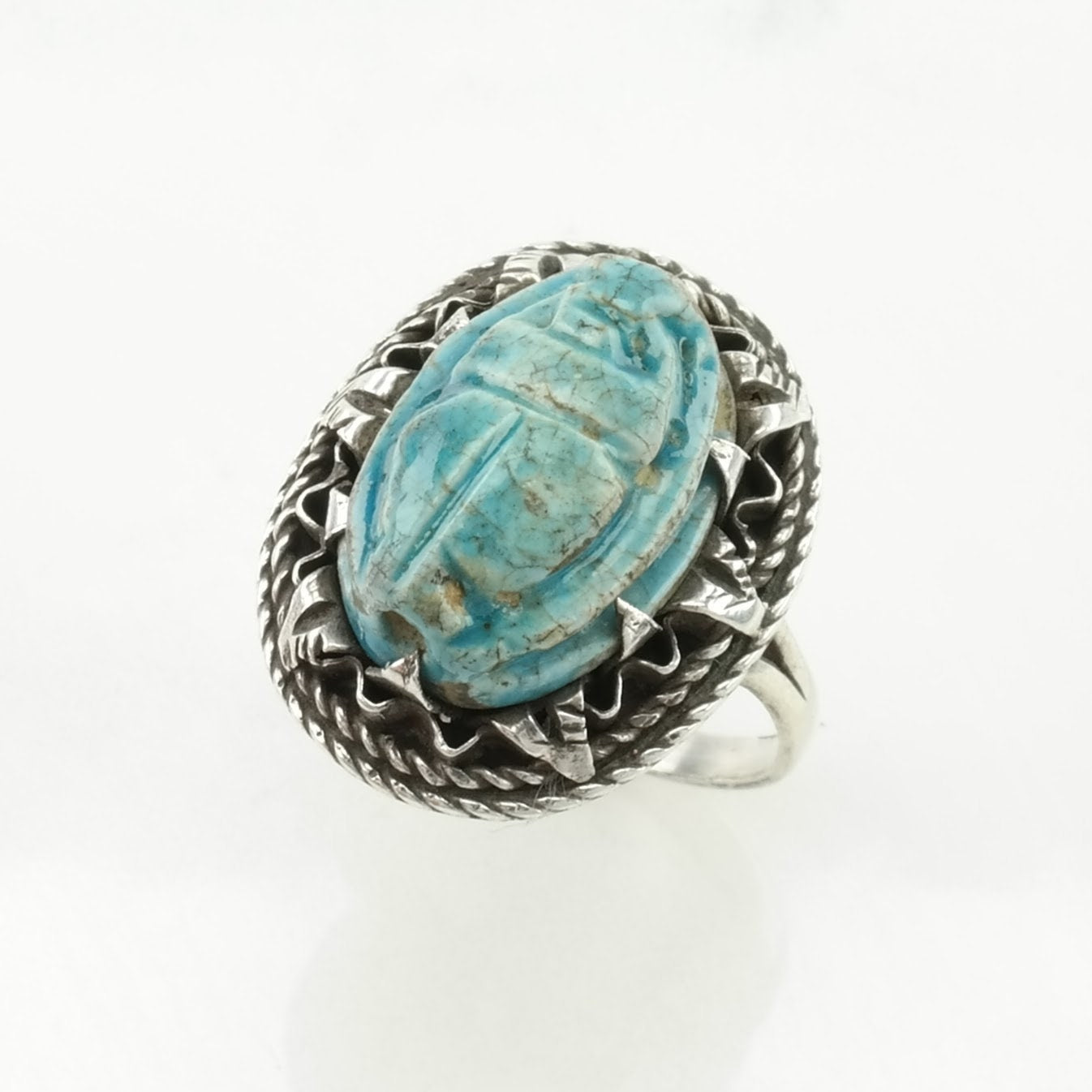 Archeological Revival Silver Ring Wood Carved Scarab Sterling Blue Size 7