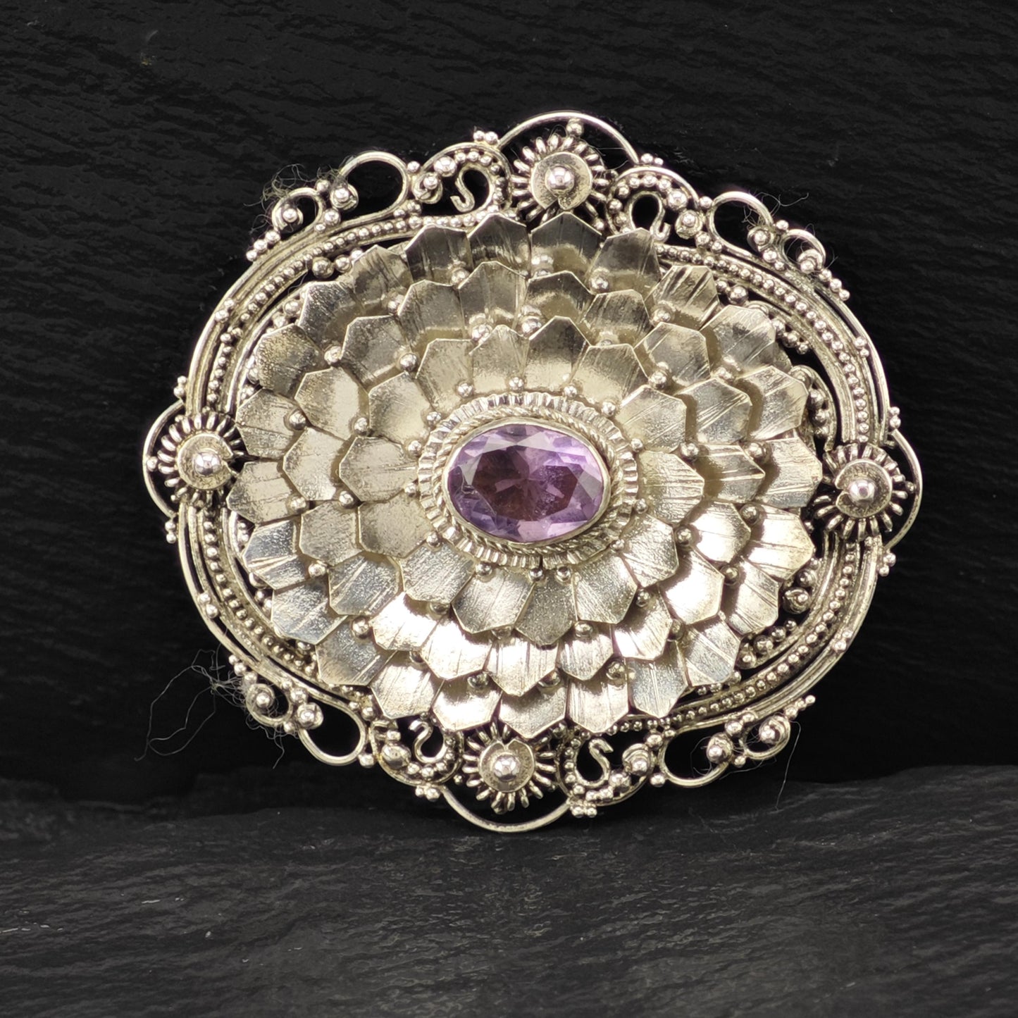 Purple Amethyst Brooch Floral Sterling Silver