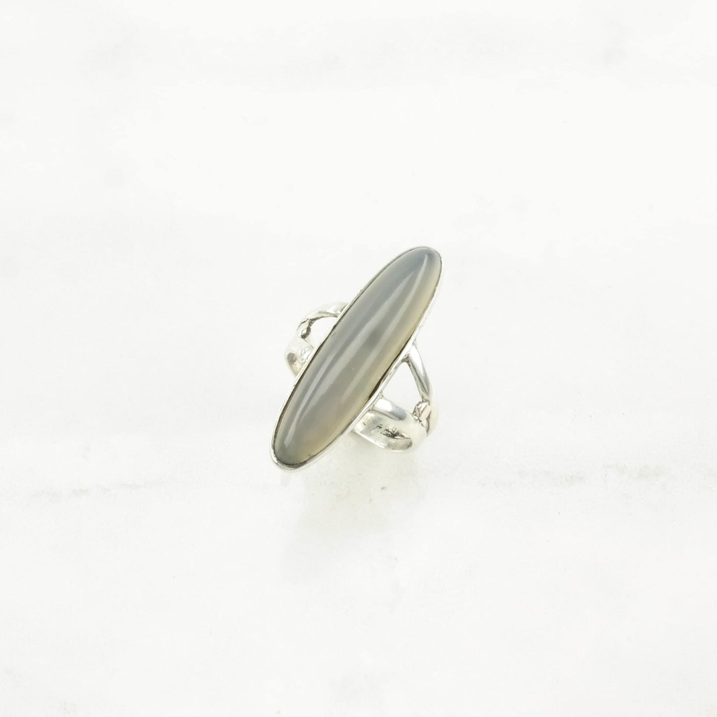 Art Deco Silver Ring Agate Navette Sterling Gray Size 4 1/2