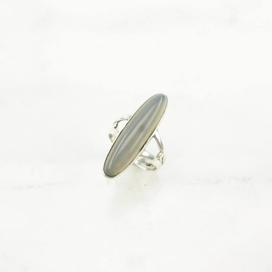 Vintage Art Deco Silver Ring Agate Navette Sterling Gray Size 4 1/2