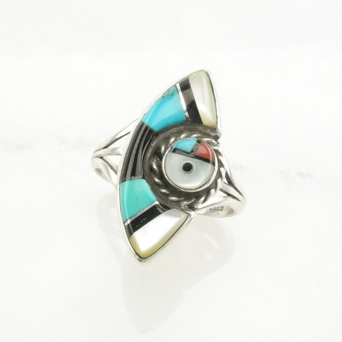 Zuni Silver Ring Turquoise, Onyx, MOP Inlay Sterling Size 7 1/2