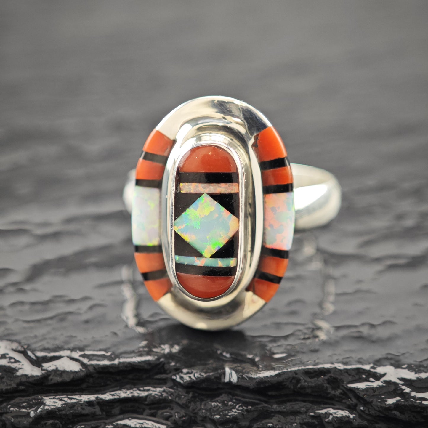 Native Opal, Coral Inlay Ring Sterling Silver Sz 9 1/2 R5952
