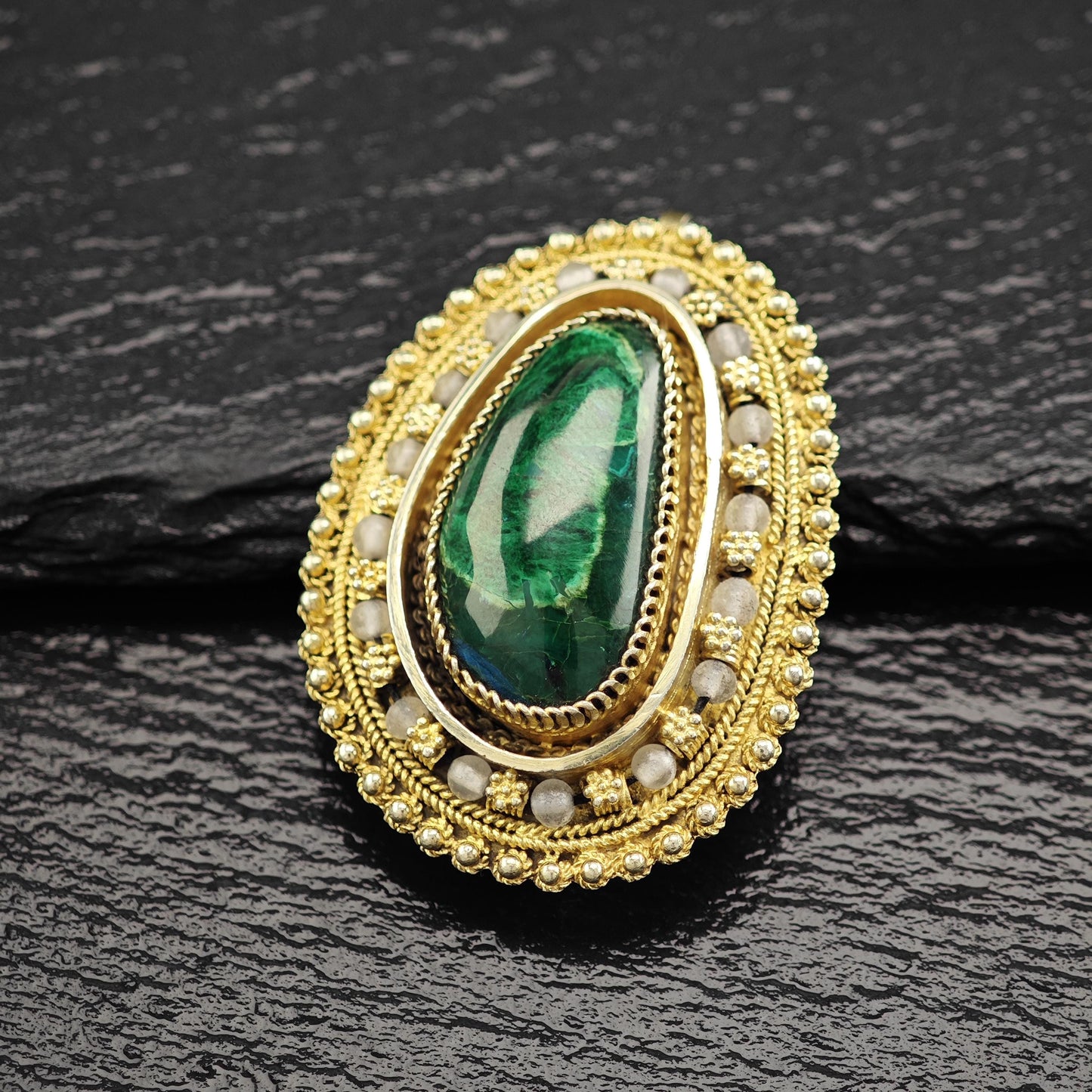 Eilat Stone Pendant/Brooch in Sterling Silver, Gold Gilded with Imitation Pearls