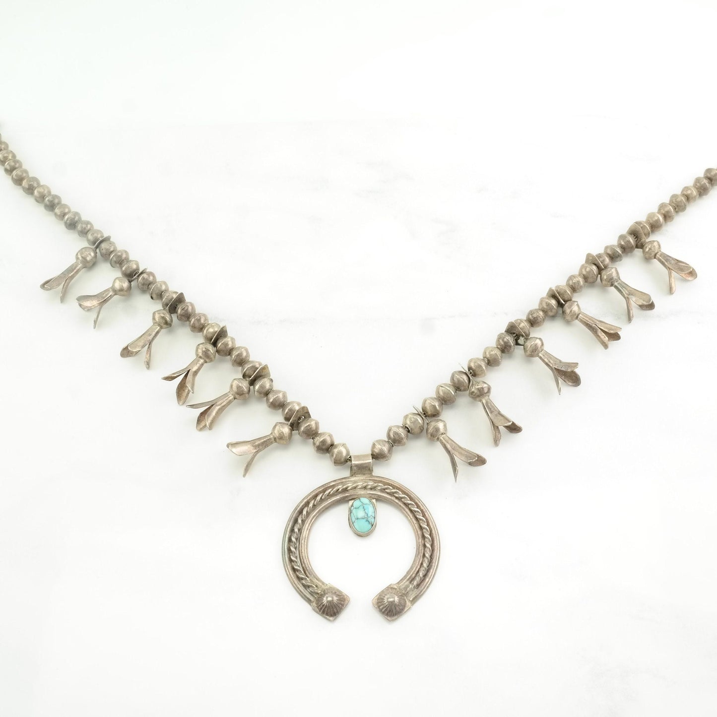 Vintage Native American Sterling Silver Blue Number 8, Squash Blossom Turquoise Necklace
