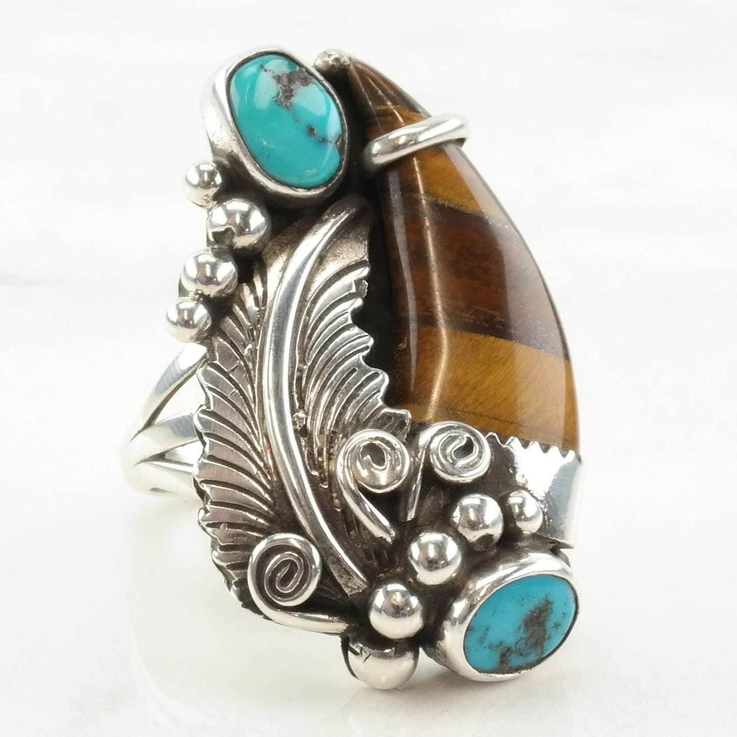 Vintage Native American Silver Ring Turquoise Tiger Eye Leaf Swirl Sterling Size 8 3/4