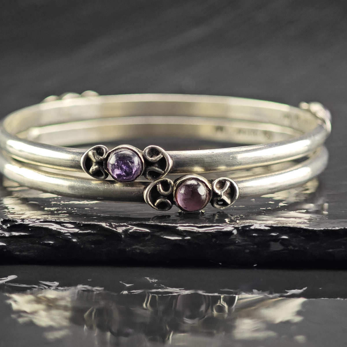 Taxco Amethyst Bangle Sterling Silver Sz 8" BR3173