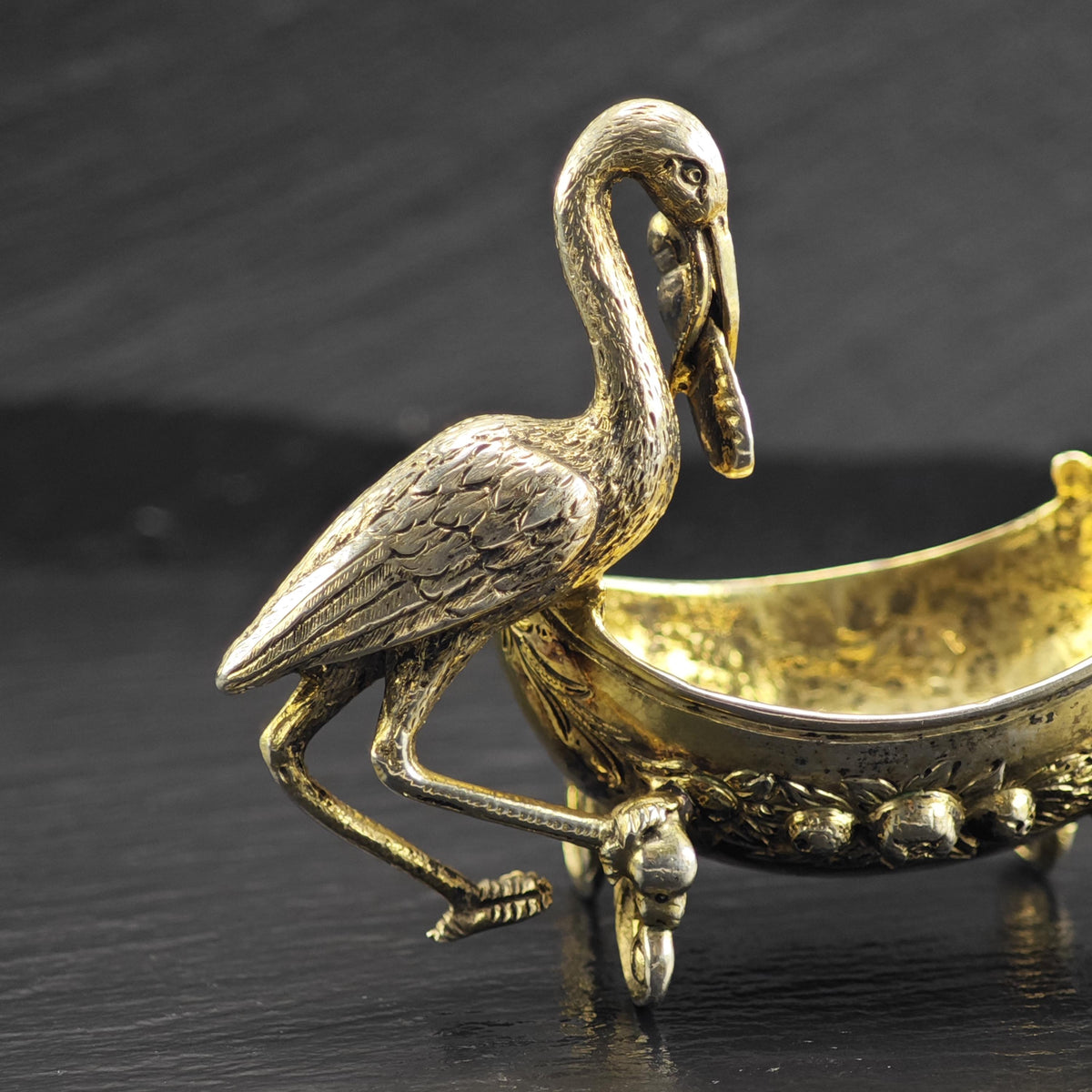 European Gold Gilded Stork/Baby with Ramhead Crib Sterling Silver Bowl Figurine MISC0395
