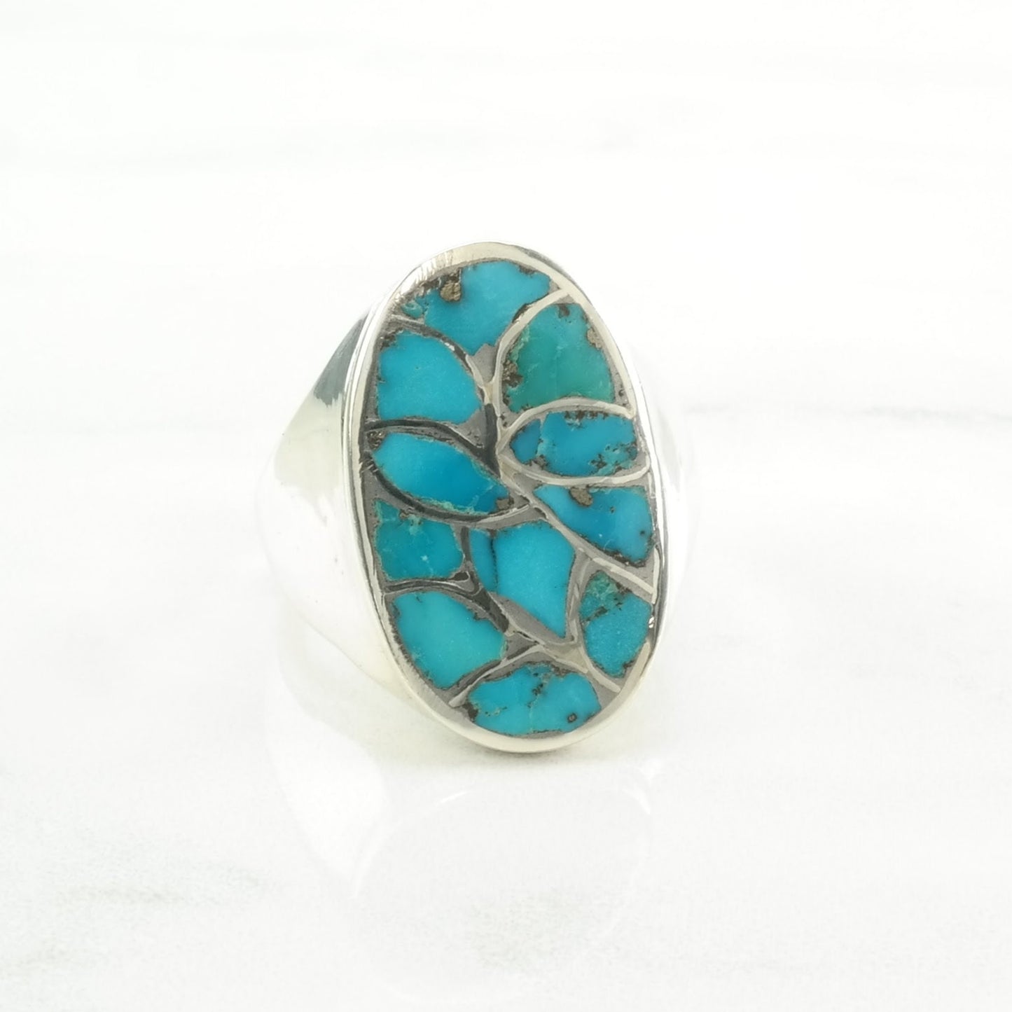 Southwest Silver Ring Turquoise Inlay, Fishscale Sterling Blue Size 11 1/4