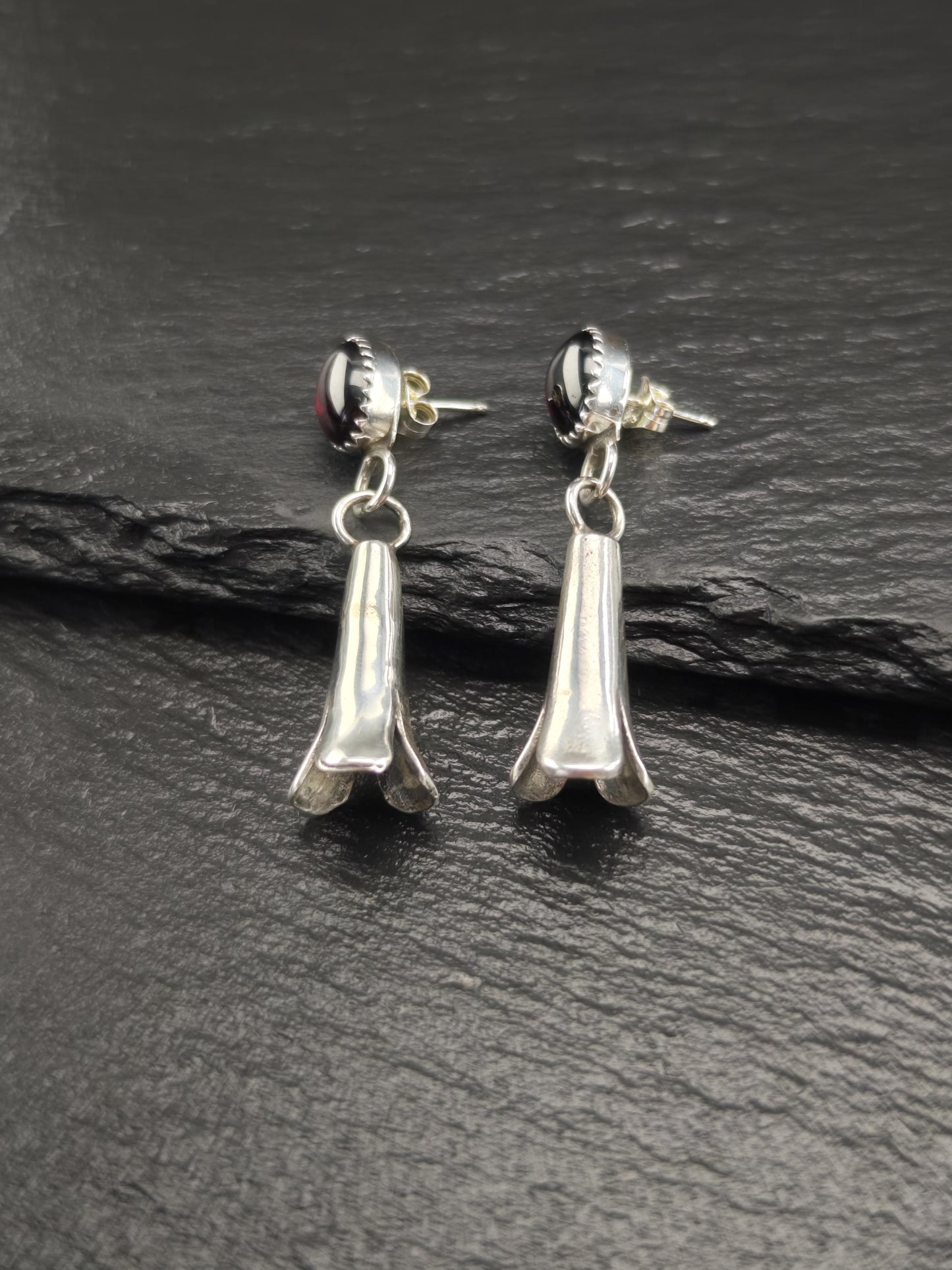 Southwest Red Dark Pyrope Garnet Squash Blossom Stud/Dangle Earrings Sterling Silver