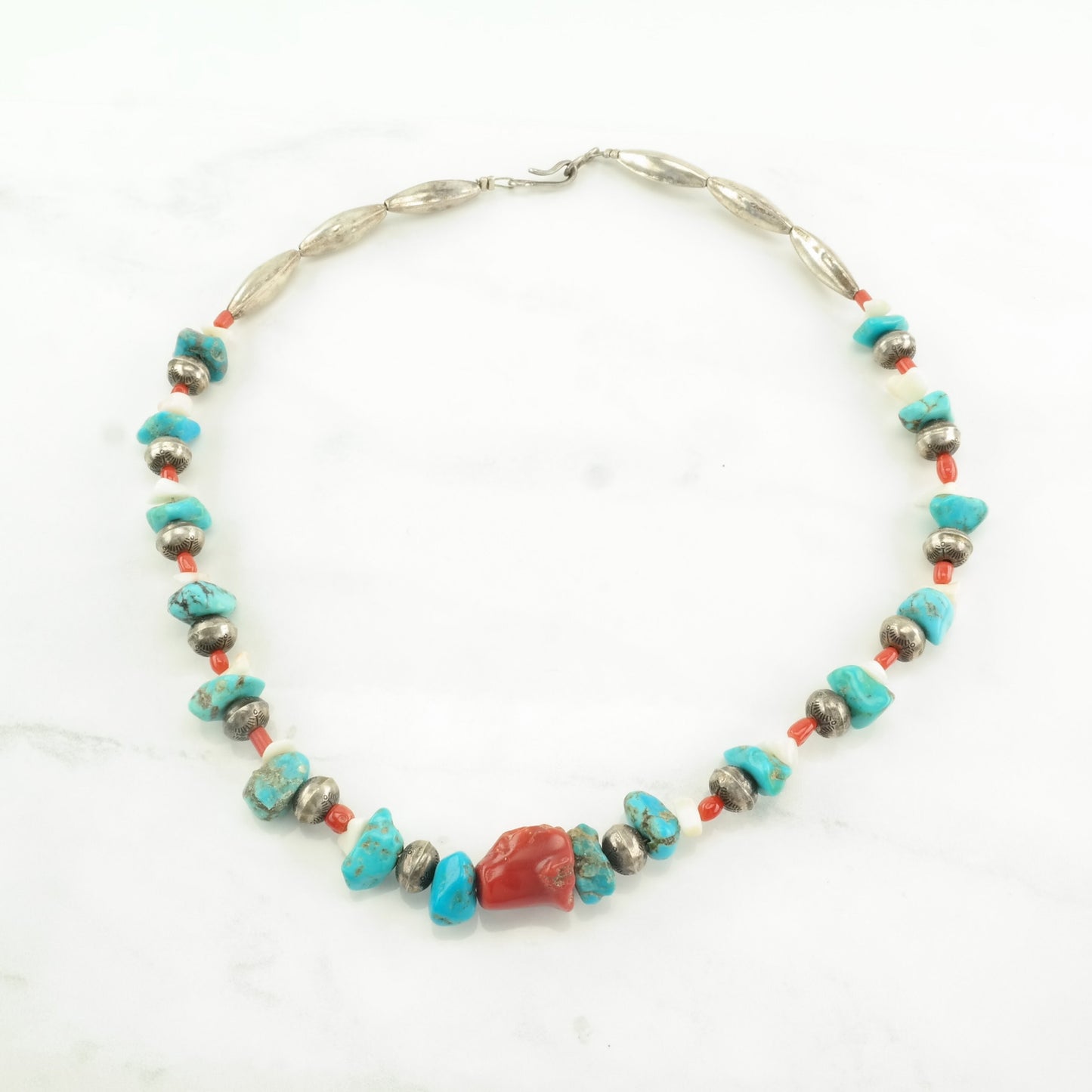 Native American Sterling Silver Turquoise Coral Necklace