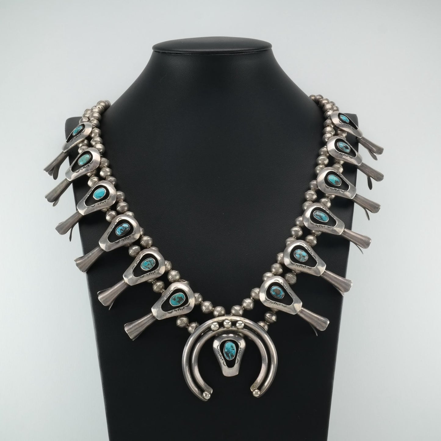 Vintage Native American Turquoise Shadow Box Squash Blossom Necklace, Sterling Silver Benchmade Beads