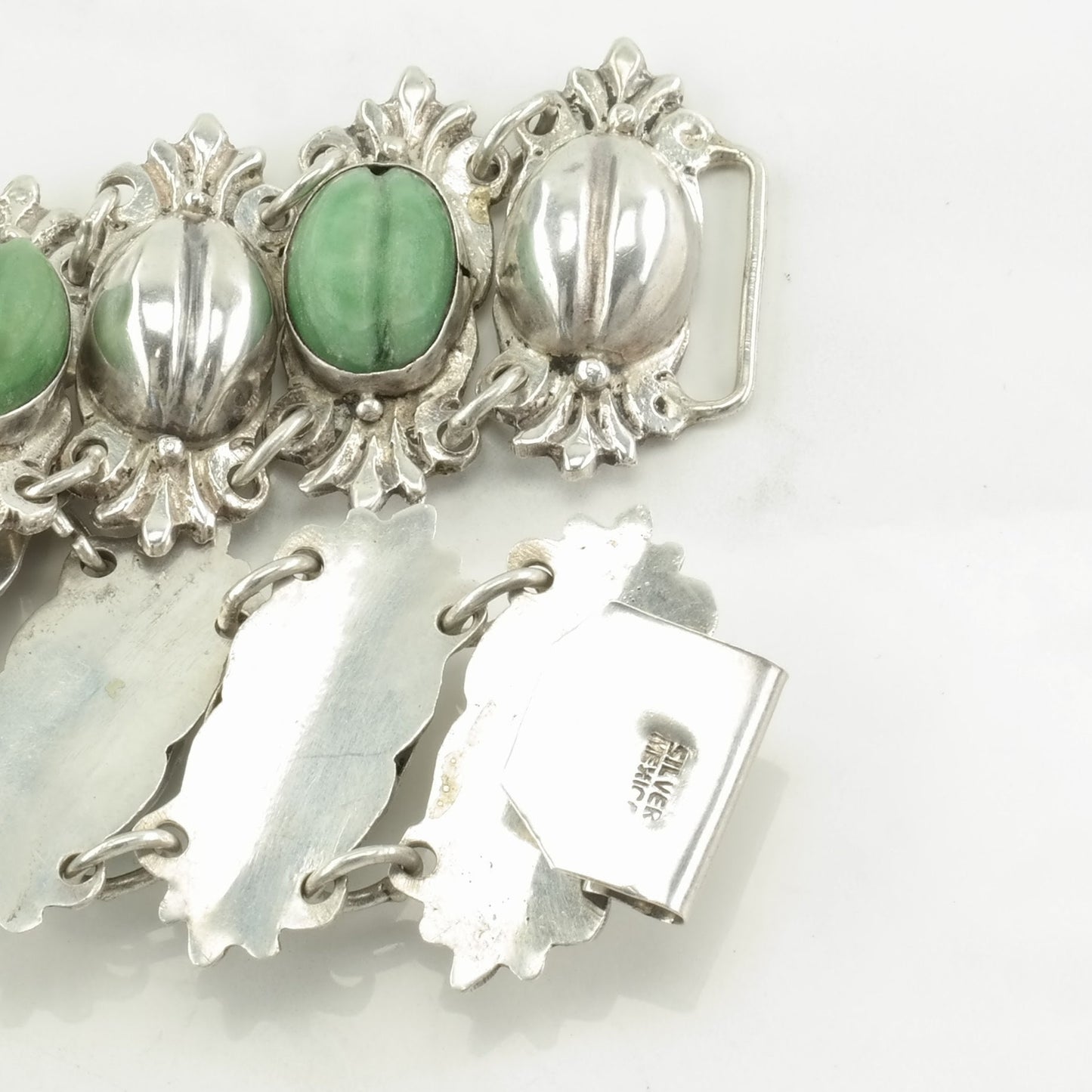 Vintage Early Mexico Sterling Silver Link Bracelet Green Lips Guatemalan Jade