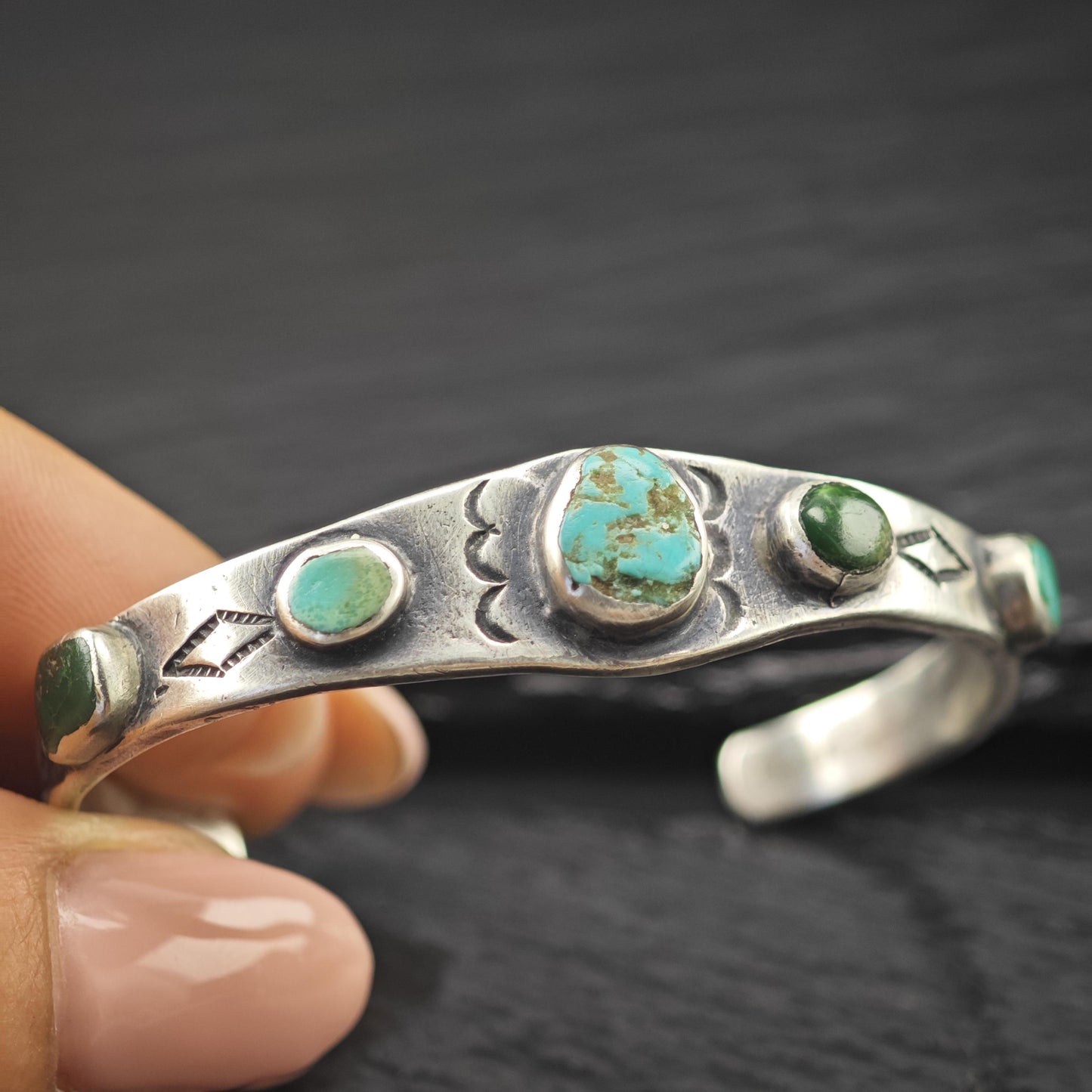 Early 1930's Ingot Silver Child Cuff Bracelet Native American Green Turquoise