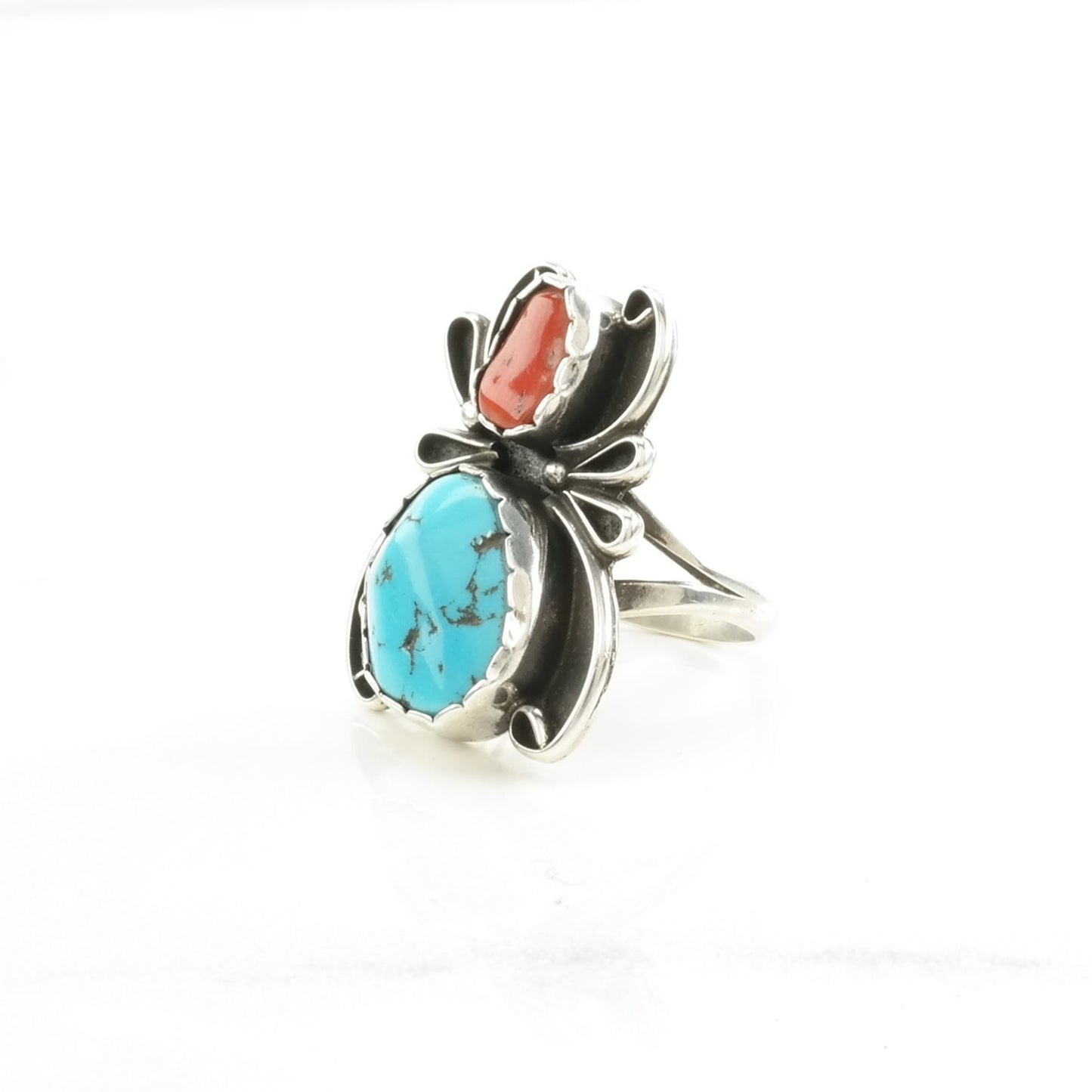 Native American Silver Ring Turquoise, Coral Spider Sterling Blue, Red Size 6 1/2