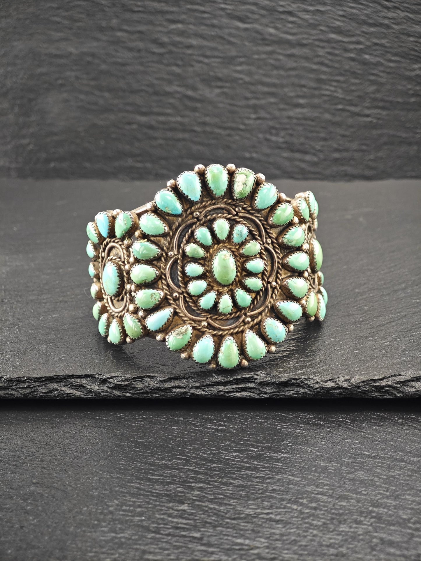 Native American Turquoise Cluster Cuff Bracelet Sterling Silver