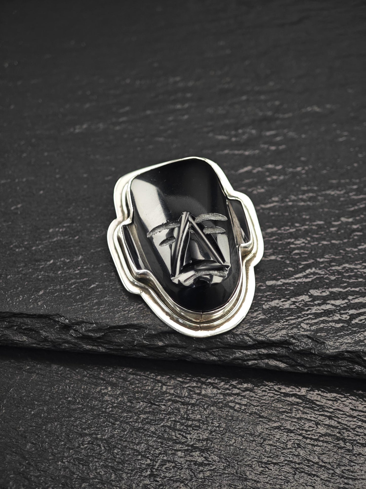 Vintage Carved Mask Brooch Sterling Silver