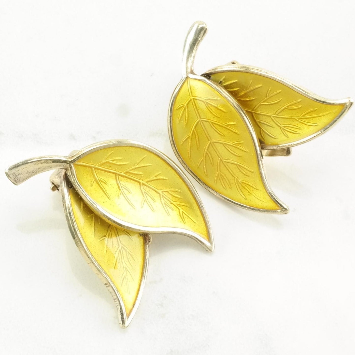 Danish Sterling Silver Yellow Enamel Leaf Earrings Clip On