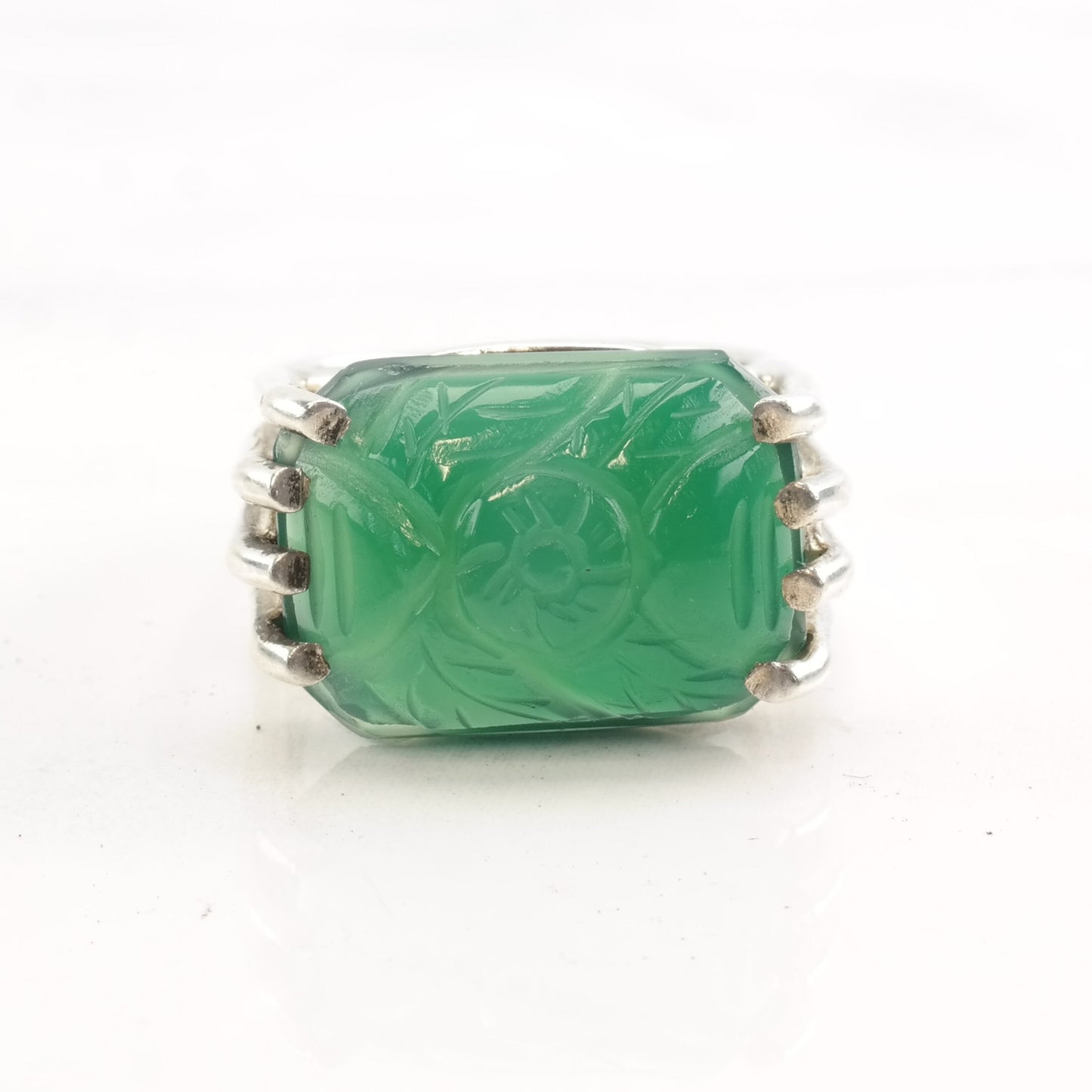 Silver Ring Chrysoprase Floral Carved Size 7