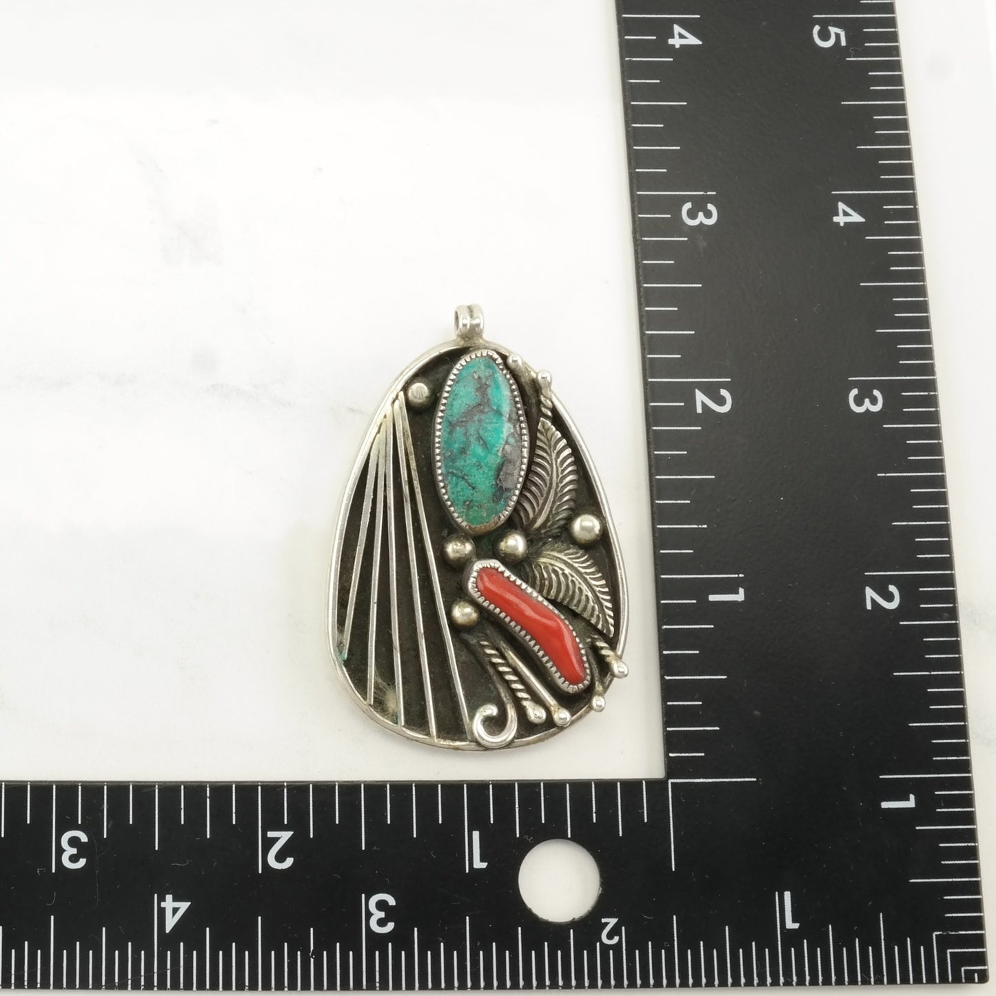 Native American Turquoise, Coral Leaf Sterling Silver Pendant