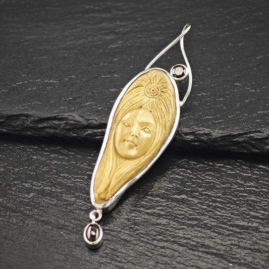 Carved Goddess Face, Garnet Pendant Sterling Silver P2816
