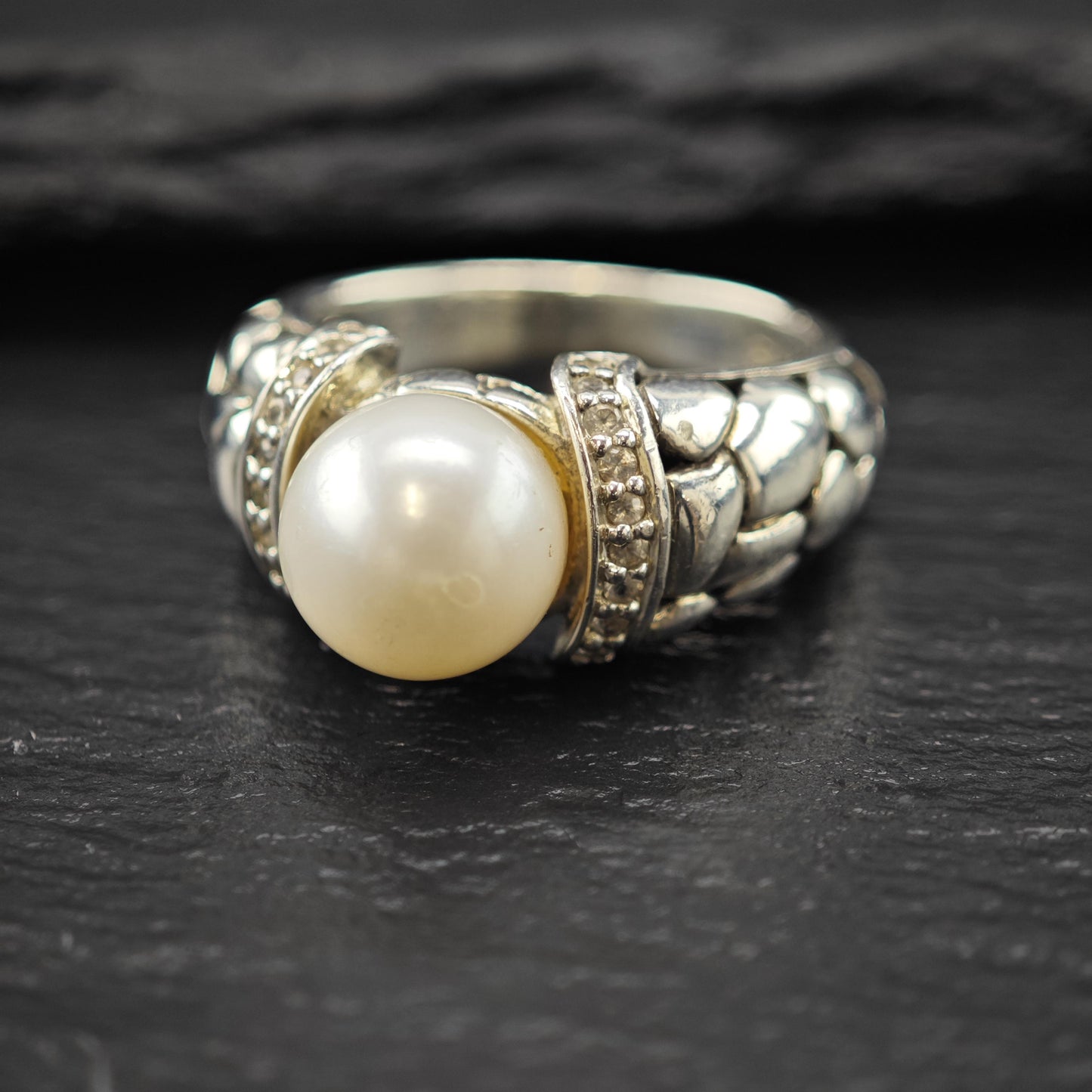 Effy Diamond Pearl Ring Sterling Silver Sz 7 1/4 R6029