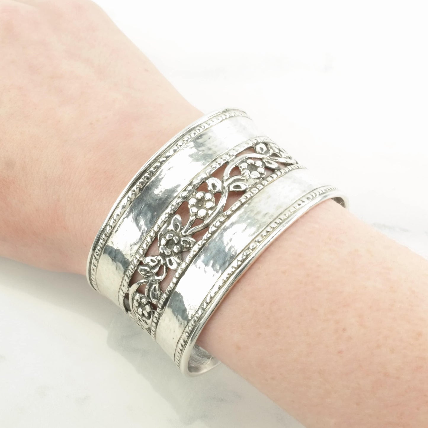 Israel Sterling Silver Cuff Bracelet Floral