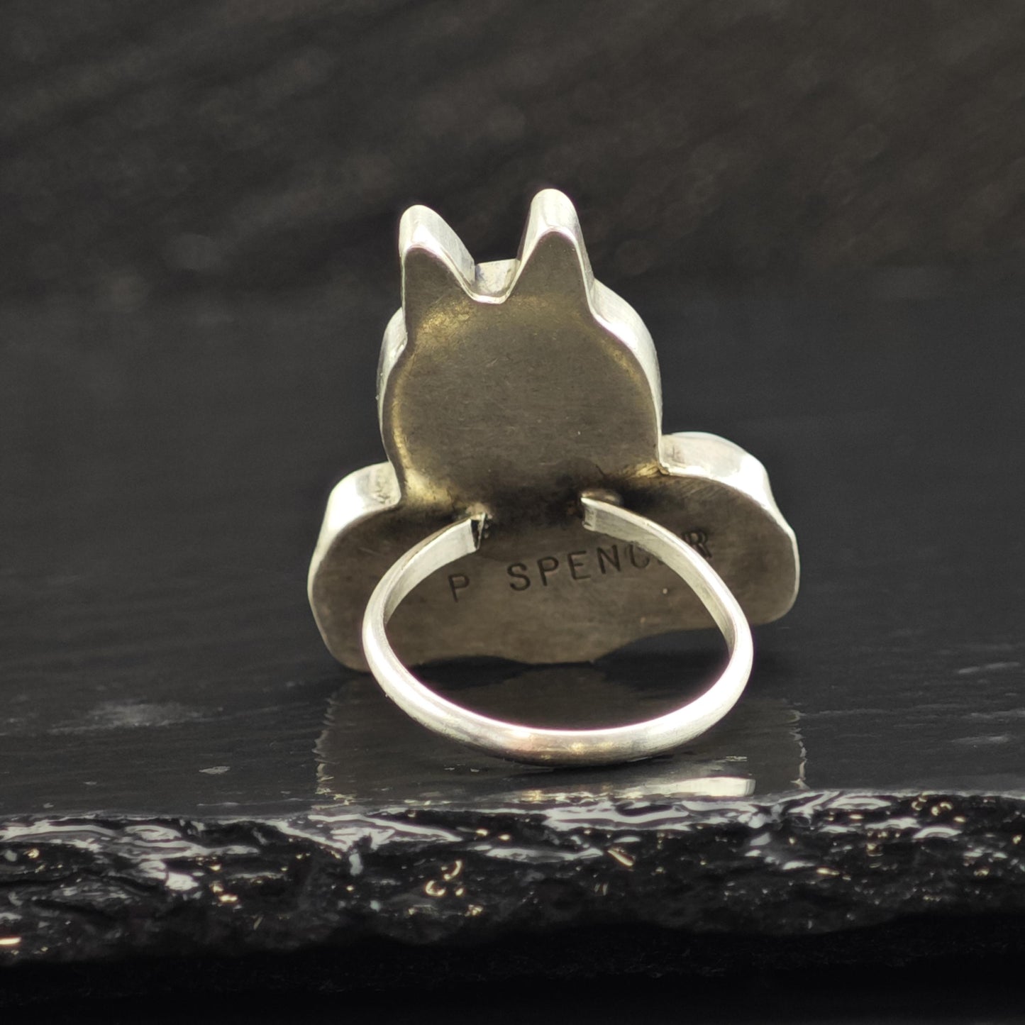 Perry Spencer Navajo Cartoon Cat Inlay Sterling Silver Ring Sz 6 1/4 R6568