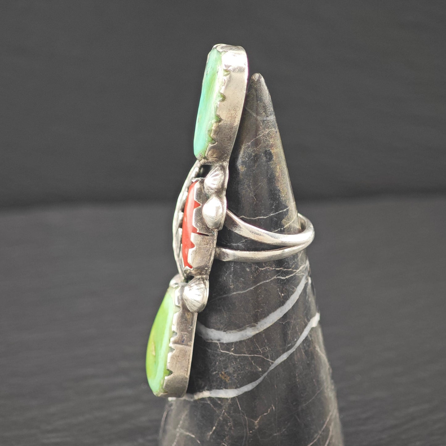 Long Native American Green Turquoise Coral Ring Sterling Silver
