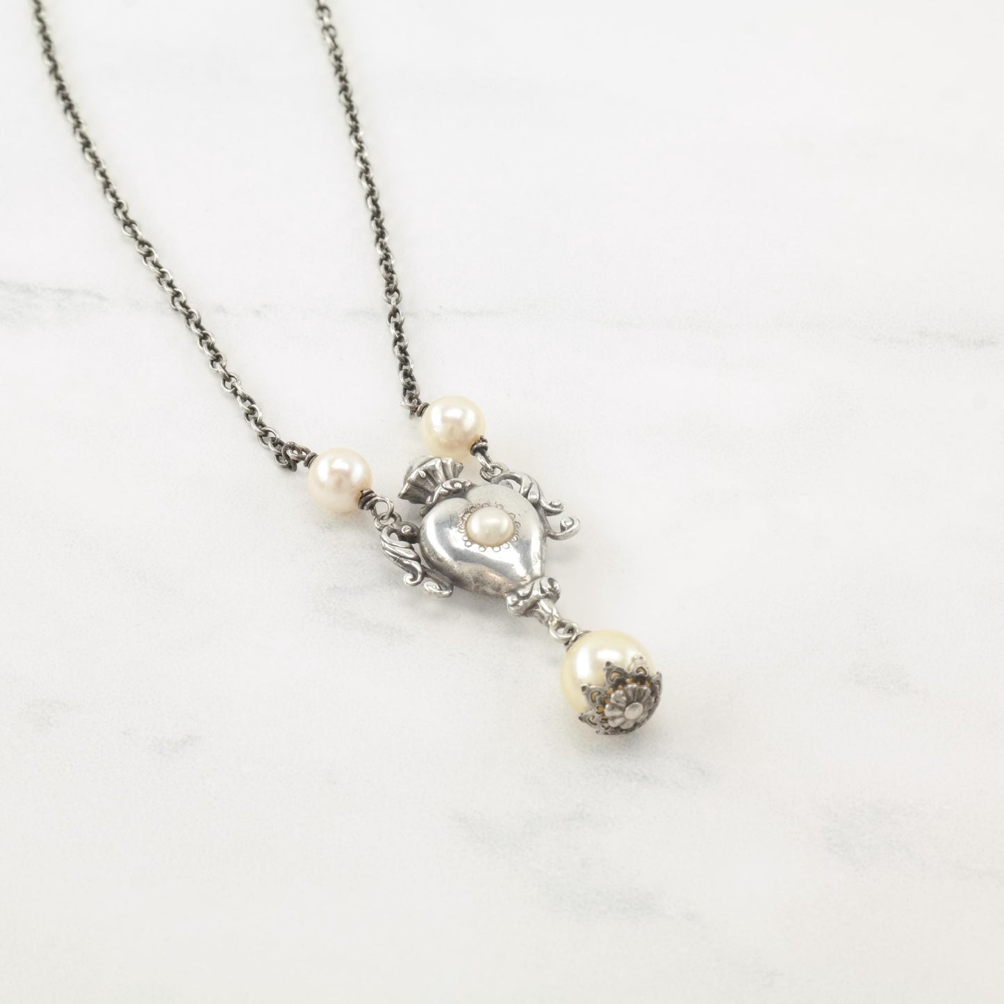Vintage Art Novaue Natural Pearl, Rose Cut Ruby Urn Sterling Silver Necklace N2377